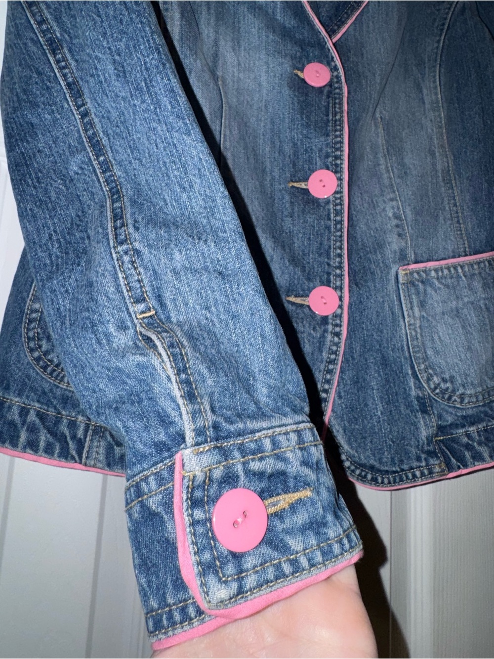 Crazy Horse Denim Blazer Jean Jacket Pink Trim Button Front Medium Y2K - Picture 4 of 10